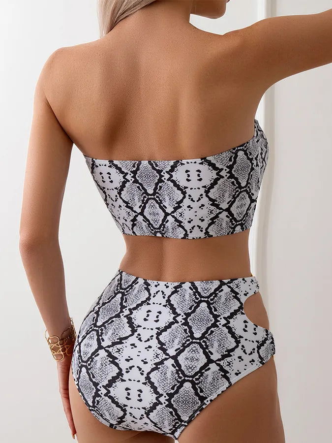 Snake Printed Hollow-out Off Shoulder Bikini Set Swimwear