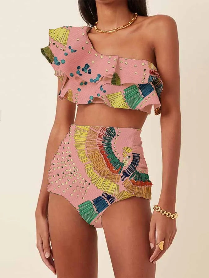 One-Shoulder Embroidered Printed Ruffled Swimsuit