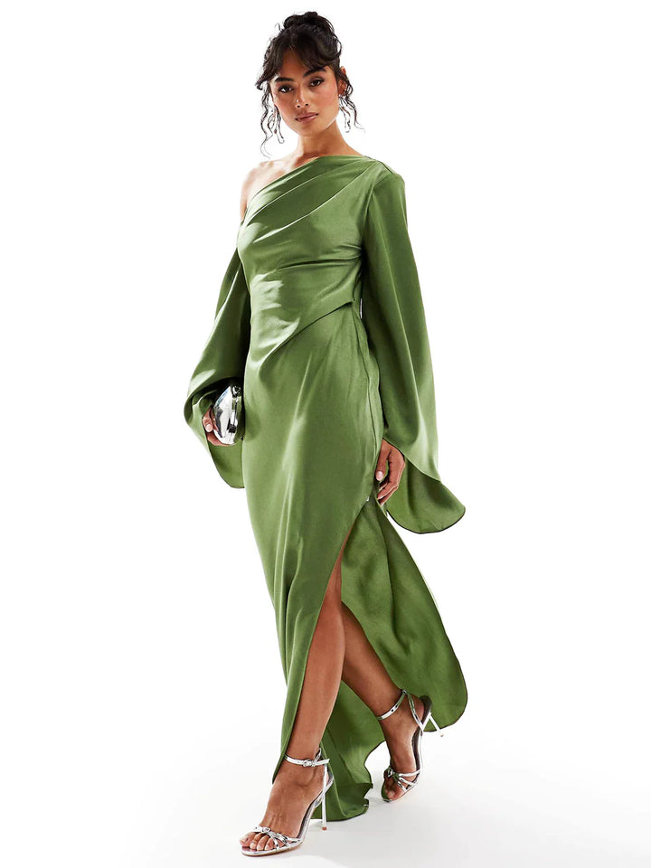 Green satin dress with bold one-shoulder