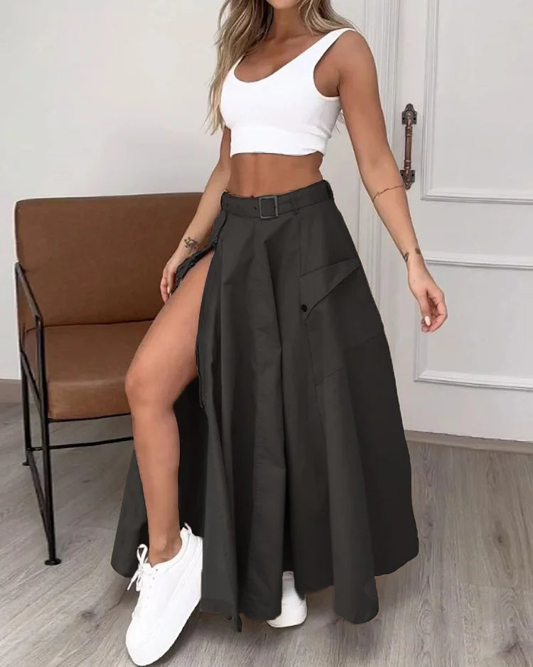 Robinne | Sleeveless solid color slit two piece set