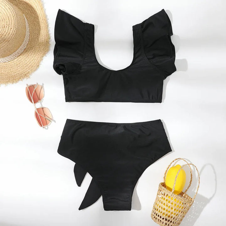 High Waist Split Solid Color Ruffle Swimsuit