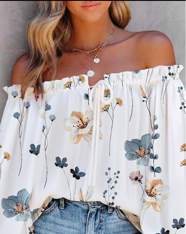 Floral Print Off Shoulder Lantern Sleeve Top