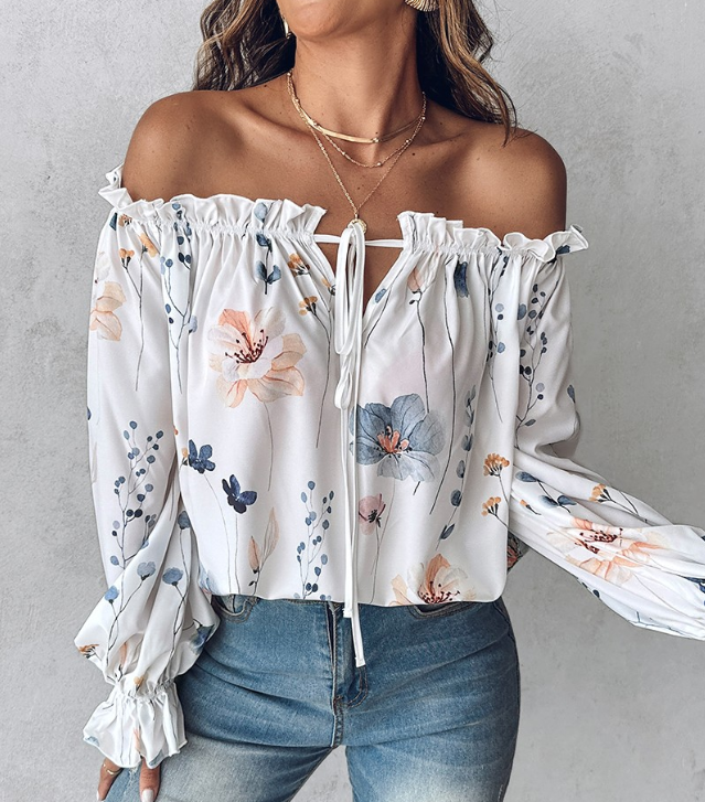 Floral Print Off Shoulder Lantern Sleeve Top