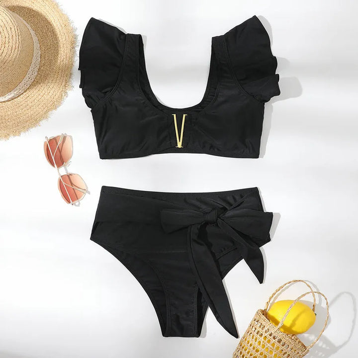 High Waist Split Solid Color Ruffle Swimsuit