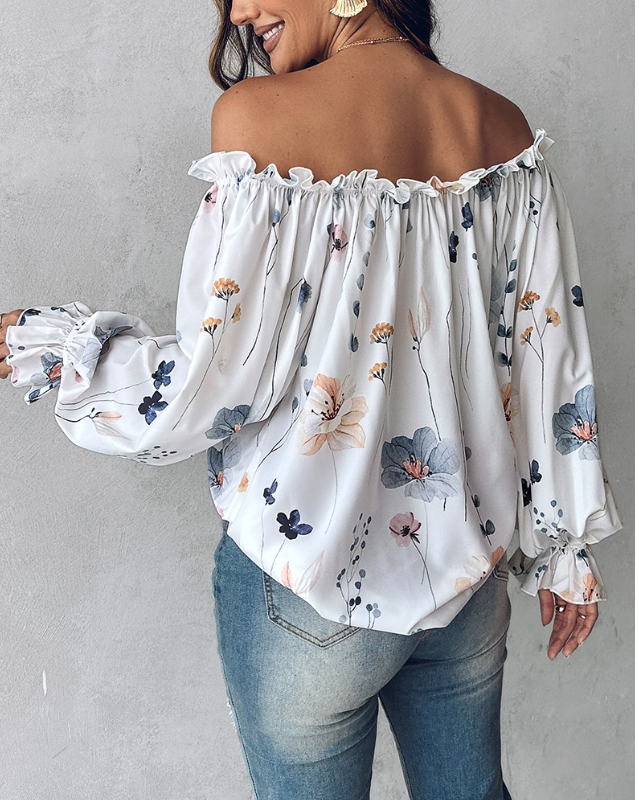 Floral Print Off Shoulder Lantern Sleeve Top