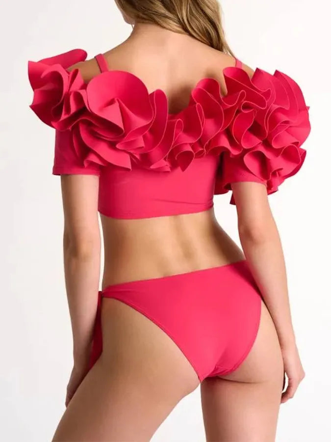 Off Shoulder 3D Flower Lace up Bikini Swimsuit