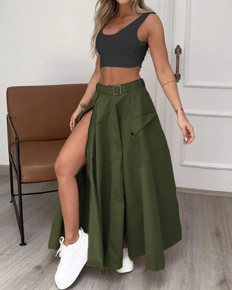 Robinne | Sleeveless solid color slit two piece set