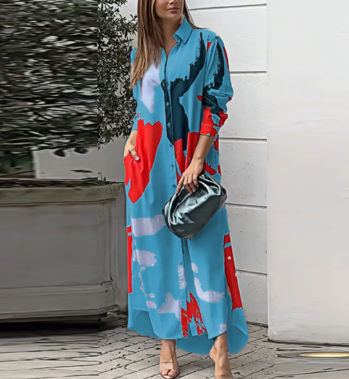 Printed Loose Fit Split Hem Shirt Dress