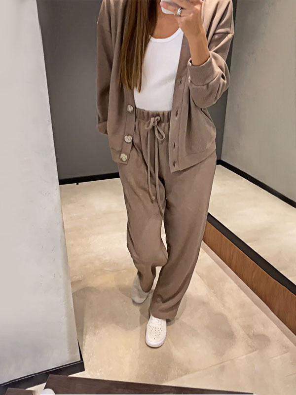 Women's Knitted Buttoned Jacket and Pants Two-piece Set 7