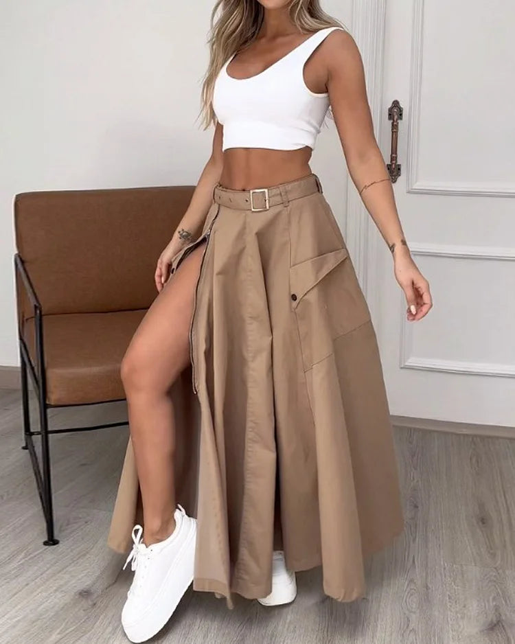 Robinne | Sleeveless solid color slit two piece set