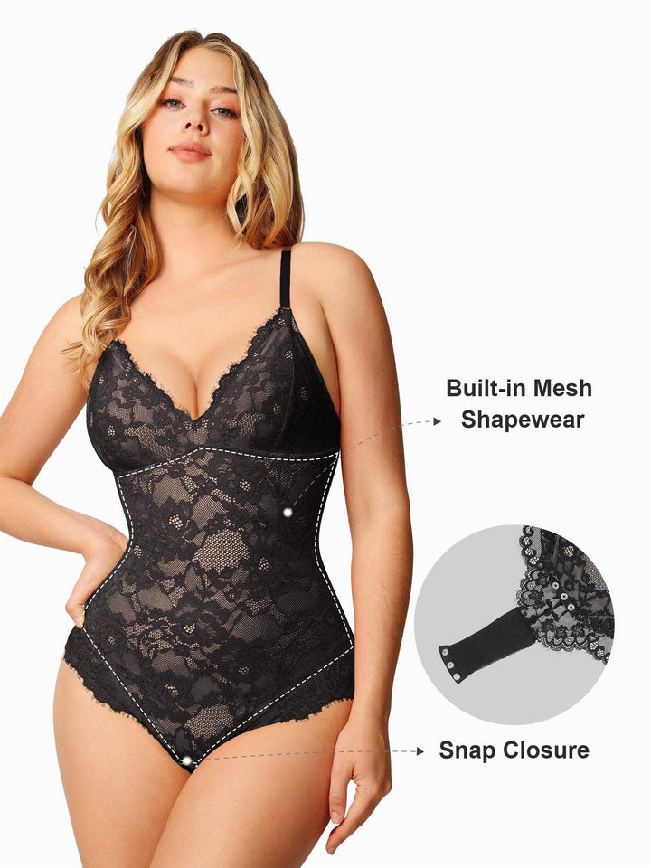 Lace Deep-V Neck Bodysuits Or Leather Skirt