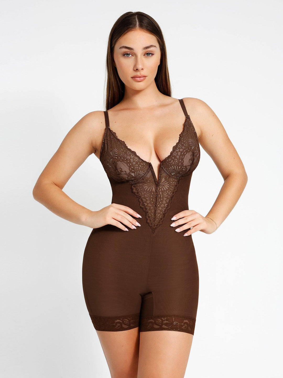 Lace Deep-V Neck Bodysuits Or Leather Skirt